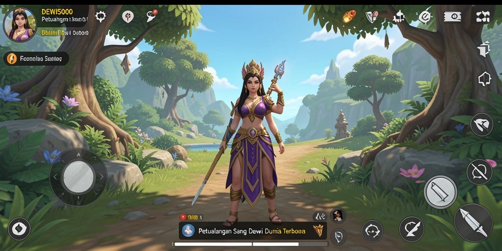 Gameplay DEWI5000 yang menampilkan dunia terbuka dengan keindahan alam.