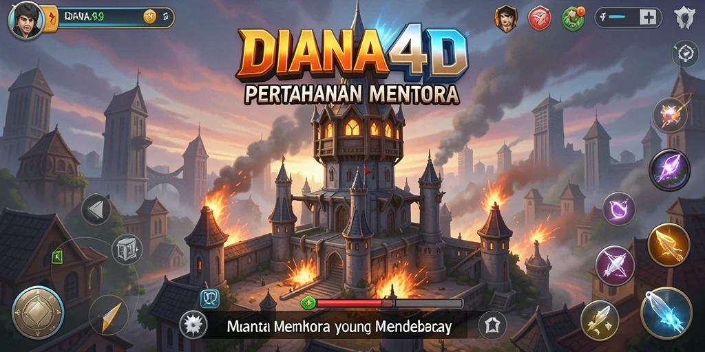Screenshot gameplay DIANA4D menunjukkan aksi pertahanan menara yang intens.