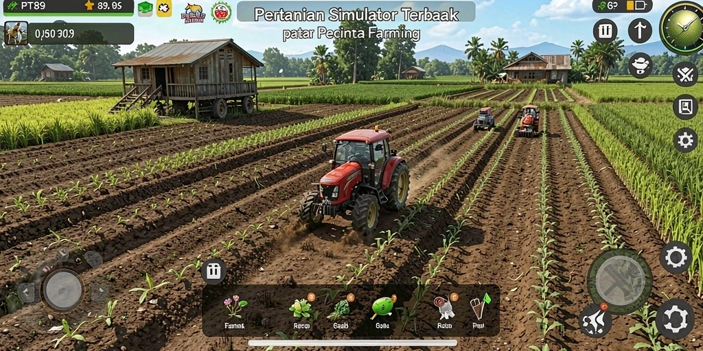 Tampilan gameplay PT89 menampilkan pertanian yang hidup dan interaksi menyenangkan.