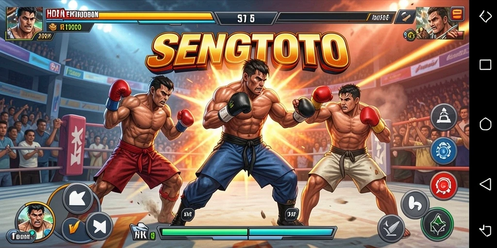Screenshot SENGTOTO menampilkan pertarungan seru antara karakter di arena.